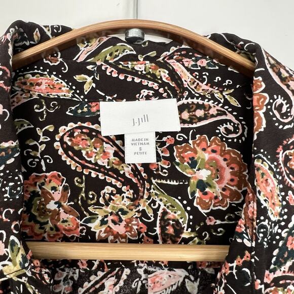 J.Jill Tunic Top SP Small Petite Dark Brown Paisley Floral Long Sleeves Pockets - Picture 2 of 8